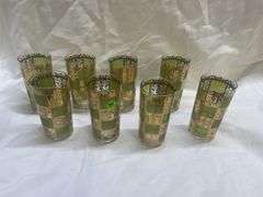 (8) MCM Green & Gold Highball Glasses