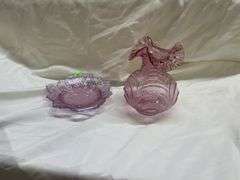 Fenton Mulberry Carnival Glass Vase and Leaf Dish