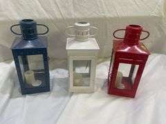Set of 3 Decorative Metal Lanterns - Red, White, and Blue