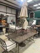 Outdoor Dining Set with Table, Six Chairs, and Umbrella