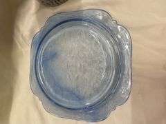 Blue Glass Plate and Stoneware Pitcher