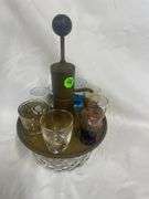 Vintage Liquor Pump Dispenser and Assorted Shot Glasses