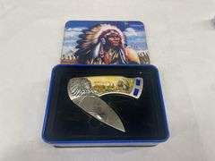 Collectible Native American Themed Pocket Knife with Tin