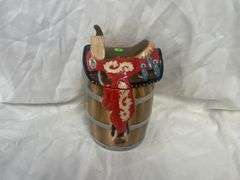 Ceramic Barrel with Saddle Lid Cookie Jar