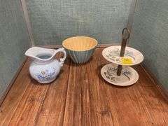 Ceramic Pitcher, Bowl, and Two-Tiered Serving Tray