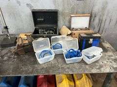 Metal Table with (2) Vises & Contents