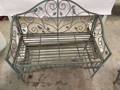 Metal Garden Bench with Bird and Leaf Design