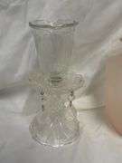 Clear Candleholder with Prisms and Pink Vase