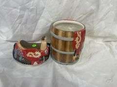 Ceramic Barrel with Saddle Lid Cookie Jar