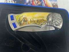 Collectible Native American Themed Pocket Knife with Tin