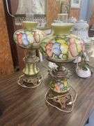 WORK, Pair of Vintage Hurricane Floral Lamps