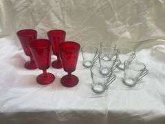 (4) Red Stemmed Goblets and (6) Glass Mugs