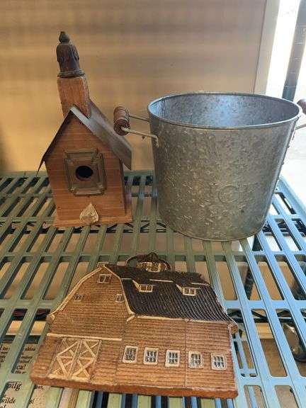 Farmhouse Decor Lot - Metal Bucket, Birdhouse, and Barn Trivet image