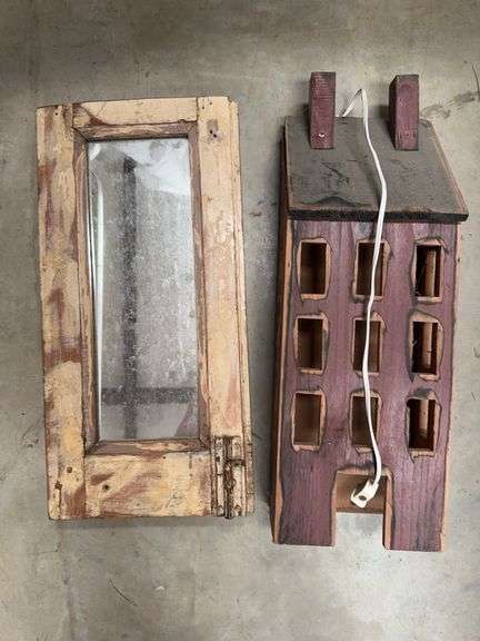 Primitive Wooden Window Frame and Lighted Building Display image