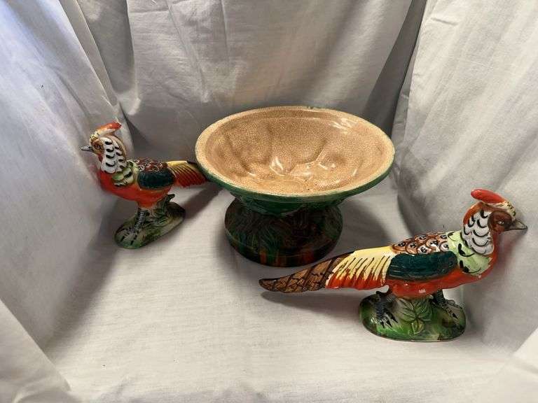 Pair of Ceramic Pheasant Figurines and Decorative Bowl image