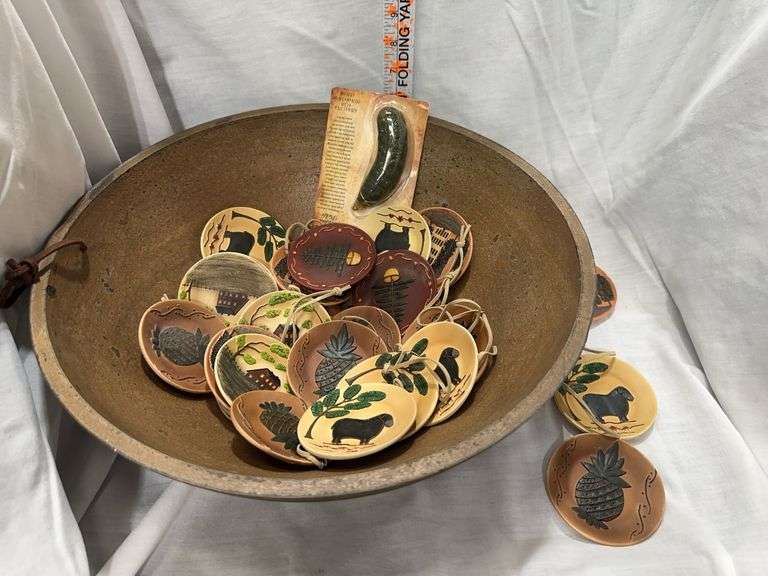 Large Wooden Bowl with Assorted Handcrafted Miniature Plates image
