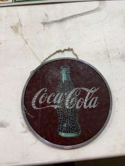 Coca-Cola Advertising Sign, Cap, and Mosaic Bottle