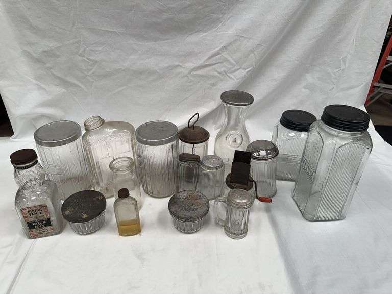 Collection of Vintage Glass Jars, Shakers, and Kitchenware image
