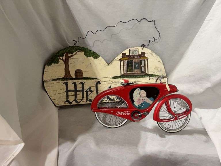 Coca-Cola Bicycle Figurine and Welcome Sign