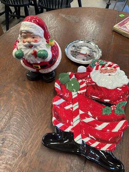 Santa Claus Cookie Jar, Plate and Christmas Serving Tray Lot image