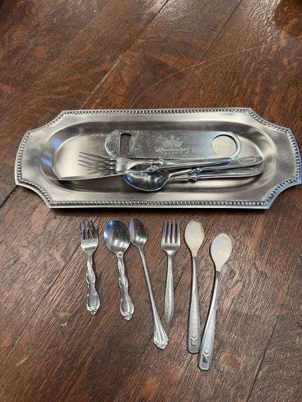 Vintage Silver Plated Serving Tray and Assorted Silverware Utensils image