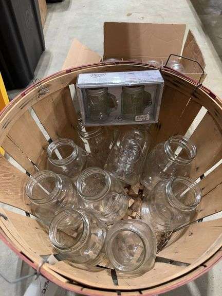 Wooden Bushel Basket with Mason Jars image