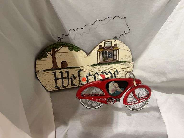 Coca-Cola Bicycle Figurine and Welcome Sign