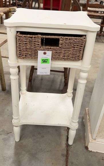 White Wooden Side Table with Wicker Basket image