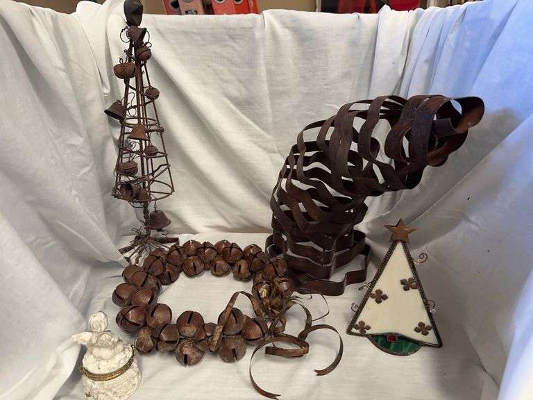 Lot of Christmas Decor: Metal Trees and Jingle Bell Wreath image