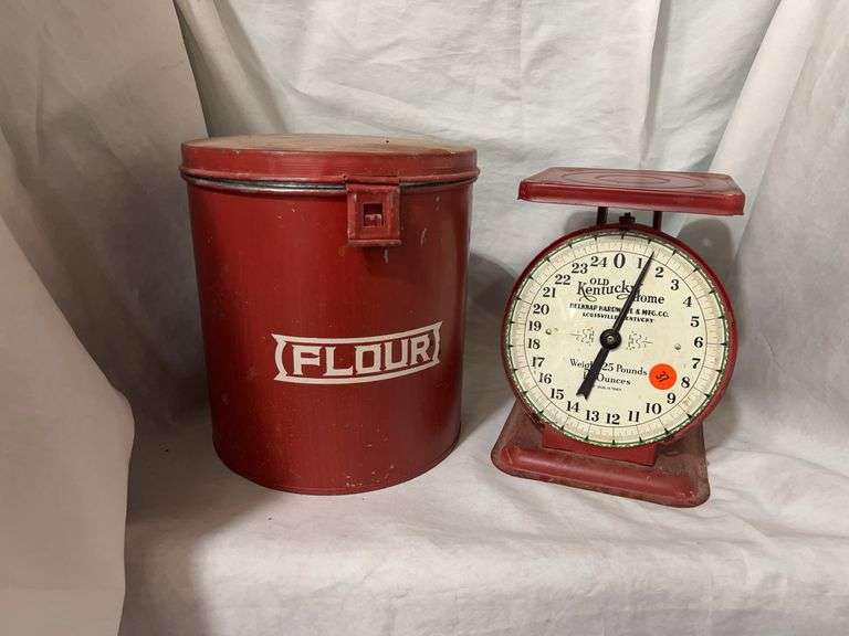 Red Flour Canister and Old Kentucky Home Kitchen Scale