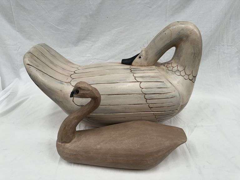 Pair of Hand Carved Wooden Swan Decoys image