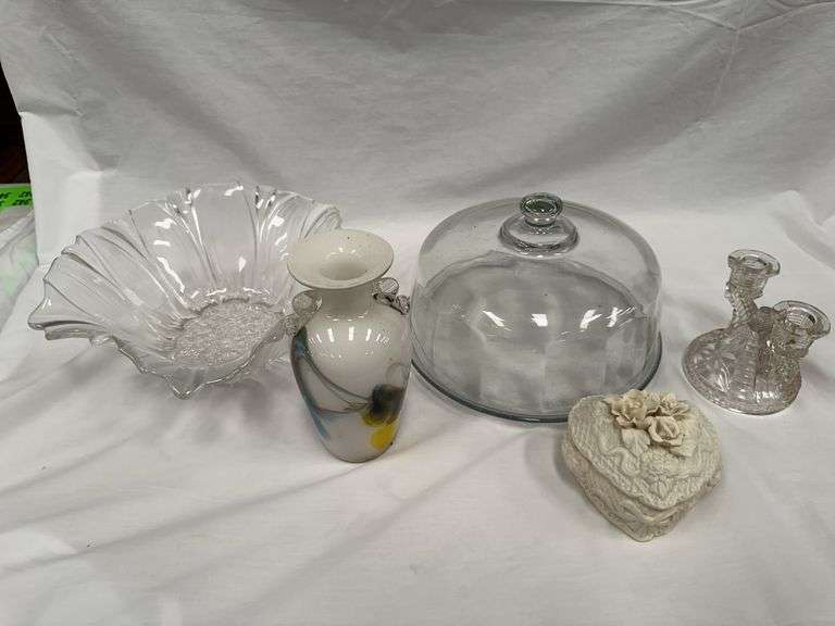 Assorted Glassware Collection - Bowl, Dome, Candlestick, Vase, and Trinket Box image