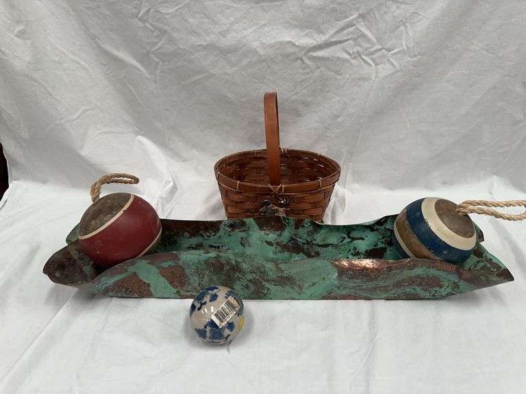 Woven Basket, Decorative Balls, and Metal Display Tray image