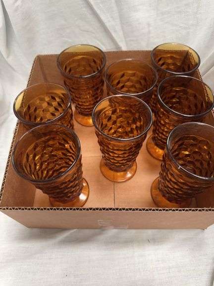 Set of 8 Amber Pressed Glass Footed Tumblers image