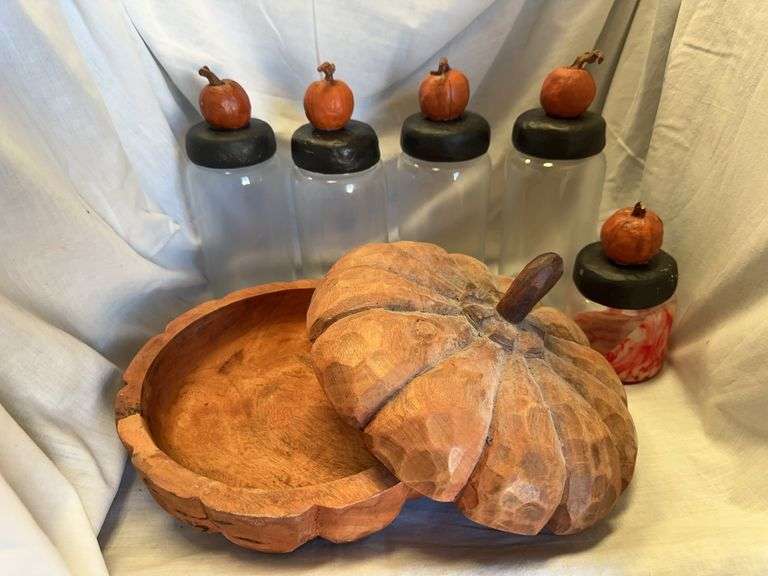 Hand Carved Wooden Pumpkin Bowl and Decorative Pumpkin Jars image