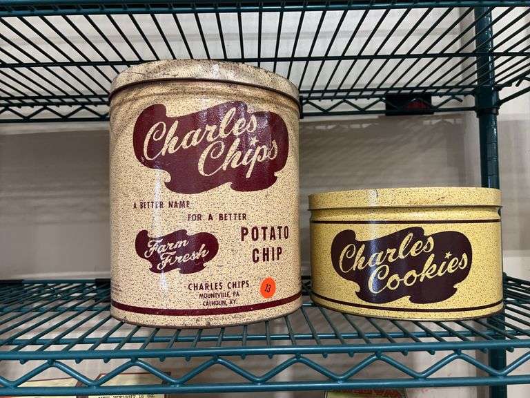 Two Vintage Charles Chips and Cookies Advertising Tins