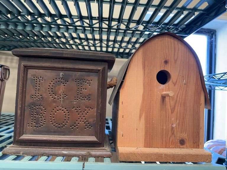 Vintage Style Decorative Ice Box and Wooden Birdhouse image