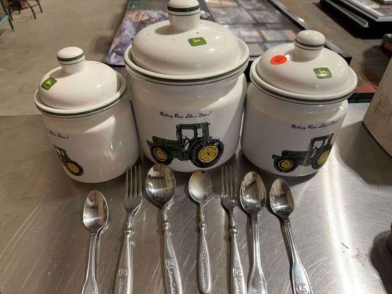 Set of 3 John Deere Tractor Ceramic Canisters and Utensils image