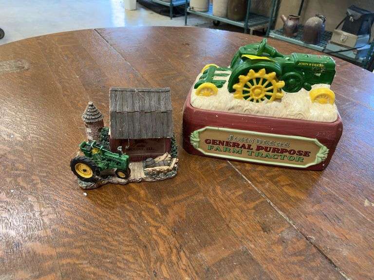 John Deere Farm Tractor Figural Trinket Box and Barn Planter