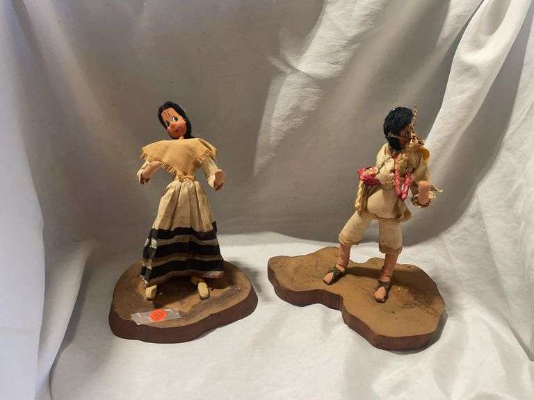 Pair of Folk Art Dolls on Wooden Bases image