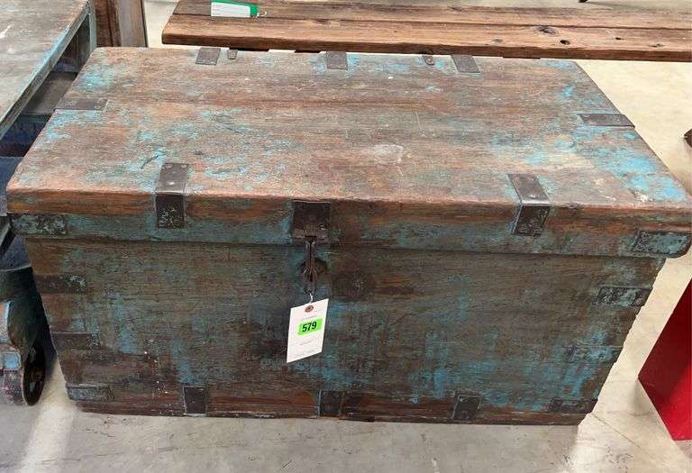 Distressed Wood Storage Trunk with Metal Accents image