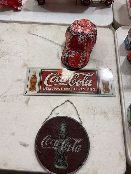 Coca-Cola Advertising Sign, Cap, and Mosaic Bottle