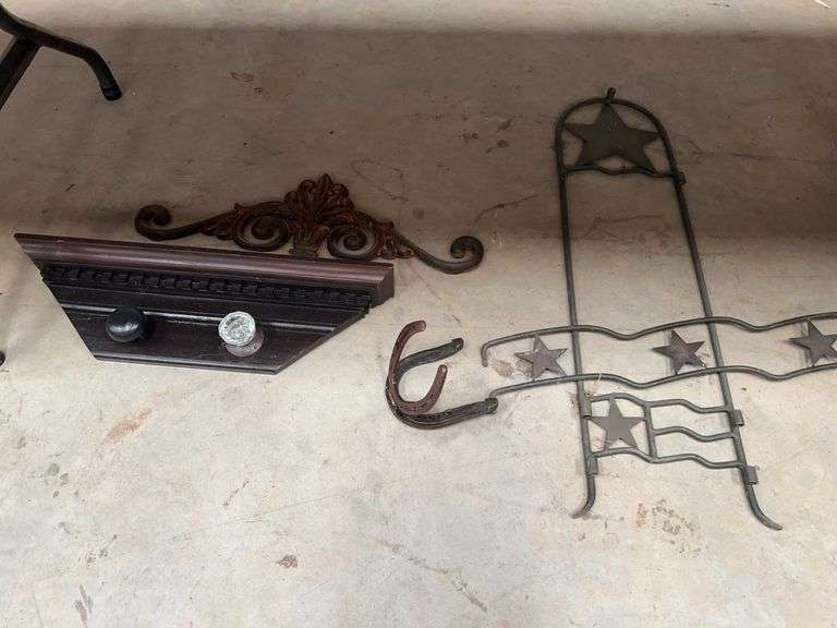 Assorted Home Decor Items: Shelf, Ornate Decor, Metal Rack, and Horseshoe Hook image