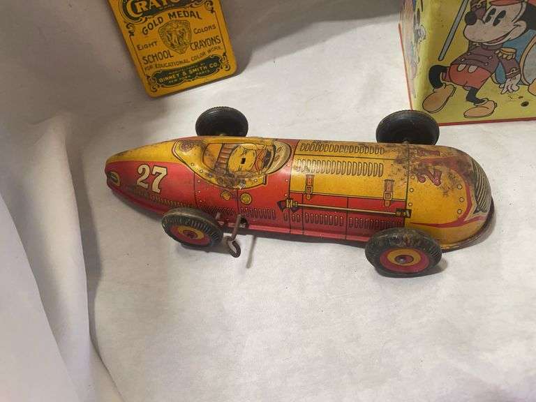 Vintage Toy Collection: Tin Race Car, Mickey Mouse Jack-in-the-Box, Crayola Tin