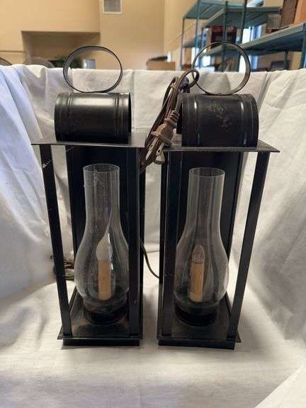 Pair of Metal Hurricane Lamp Style Electric Table Lamps image