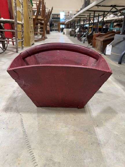 Primitive Red Painted Wooden Gathering Basket, busted bottom image