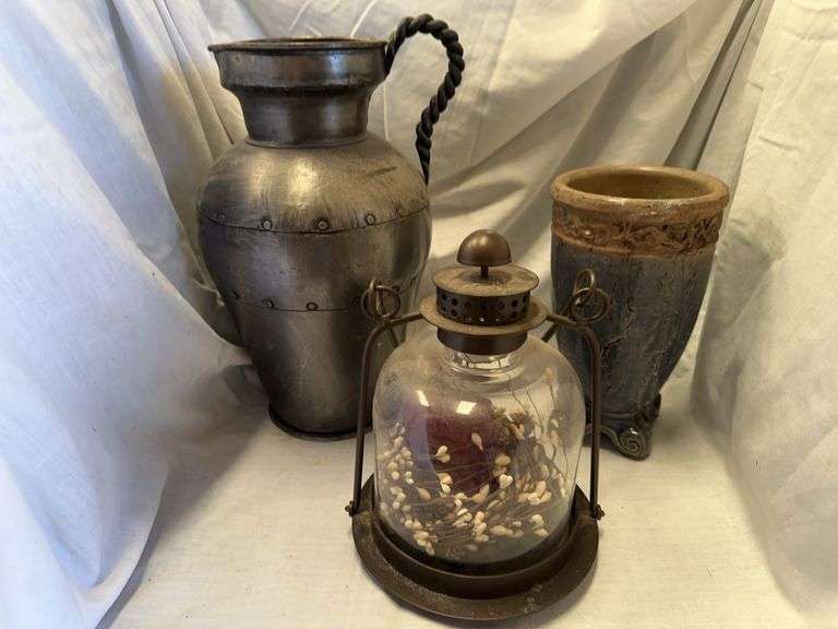 Decorative Metal Pitcher, Ceramic Vase, and Decorative Lantern image