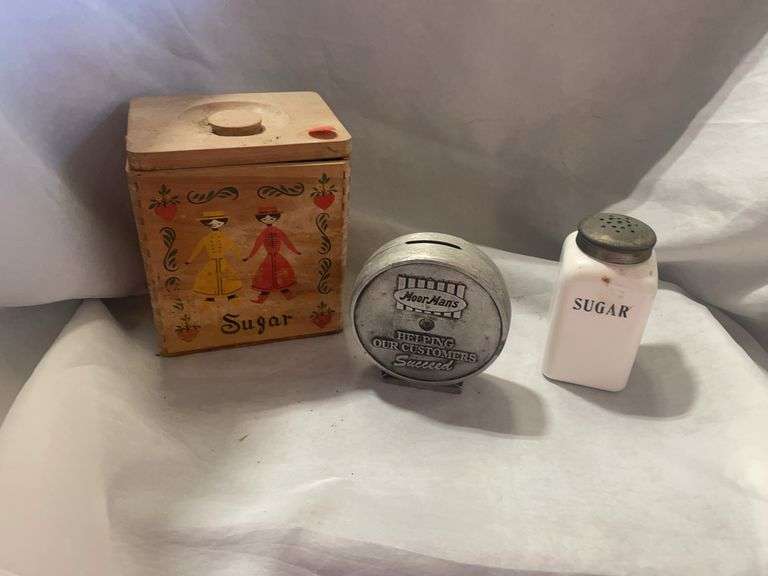Wooden Sugar Canister, Moorman's Bank, and Sugar Shaker Lot image