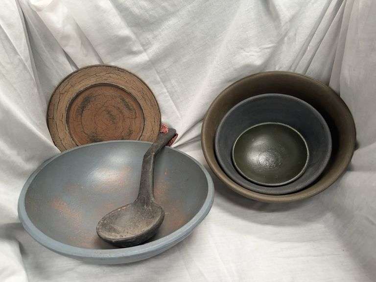 Rustic Wooden Bowls and Plate with Ladle Set image