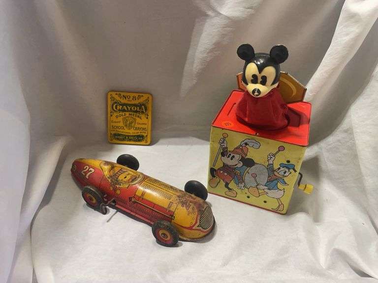 Vintage Toy Collection: Tin Race Car, Mickey Mouse Jack-in-the-Box, Crayola Tin